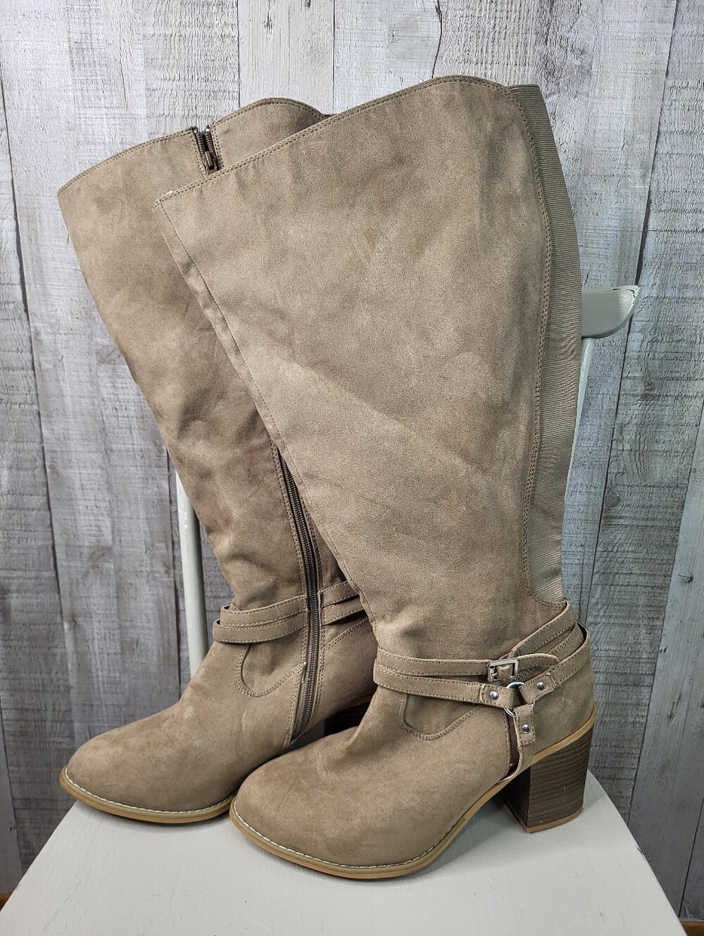 Torrid Extra Wide Calf Taupe Suede Knee-High Heeled Boots. Size 10